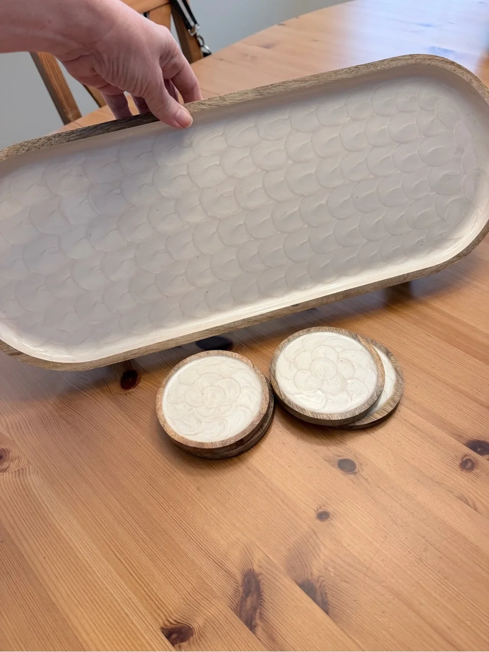 Wooden Elevated Tray with Ceramic Inlay - Cream with matching coasters